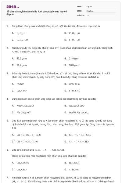 15 câu trắc nghiệm Andehit, Axit cacboxylic cực hay có đáp án