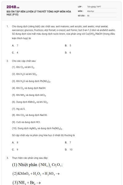 BÀI ÔN TẬP RÈN LUYỆN LÝ THUYẾT TỔNG HỢP MÔN HÓA HỌC (P15)