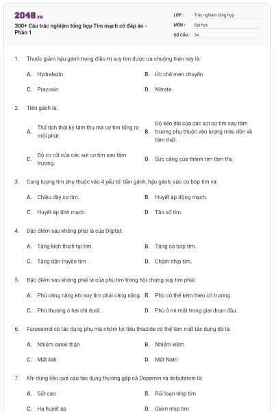 300+ Câu trắc nghiệm tổng hợp Tim mạch có đáp án - Phần 1