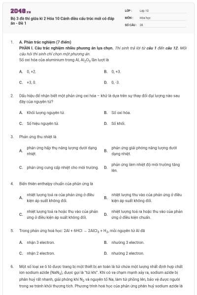 Bộ 3 đề thi giữa kì 2 Hóa 10 Cánh diều cấu trúc mới có đáp án - Đề 1