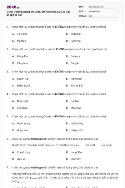 Đề thi Đánh giá năng lực ĐHQG Hà Nội form 2025 có đáp án (Đề số 13)