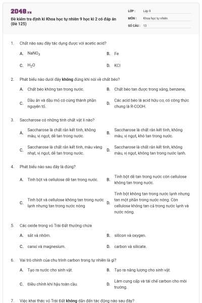 Đề kiểm tra định kì Khoa học tự nhiên 9 học kì 2 có đáp án (Đề 125)