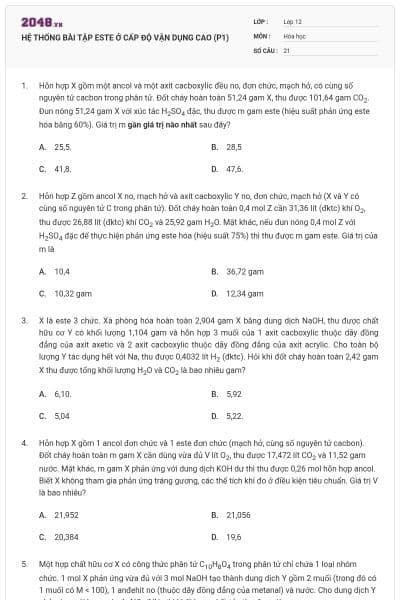 HỆ THỐNG BÀI TẬP ESTE Ở CẤP ĐỘ VẬN DỤNG CAO (P1)