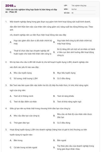 1000 câu trắc nghiệm tổng hợp Quản trị bán hàng có đáp án - Phần 30