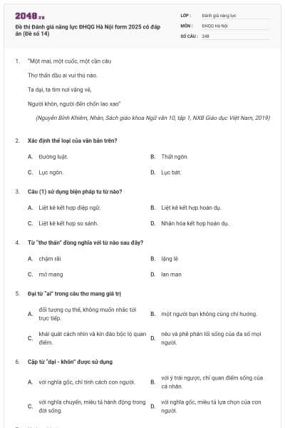 Đề thi Đánh giá năng lực ĐHQG Hà Nội form 2025 có đáp án (Đề số 14)