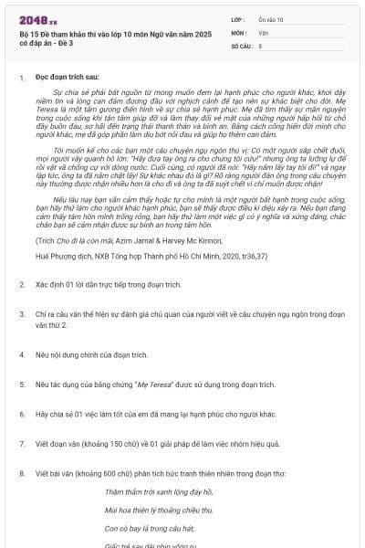 Bộ 15 Đề tham khảo thi vào lớp 10 môn Ngữ văn năm 2025 có đáp án - Đề 3