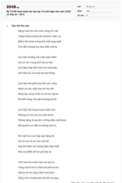 Bộ 15 Đề tham khảo thi vào lớp 10 môn Ngữ văn năm 2025 có đáp án - Đề 5