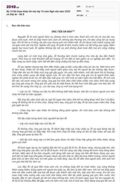 Bộ 15 Đề tham khảo thi vào lớp 10 môn Ngữ văn năm 2025 có đáp án - Đề 8