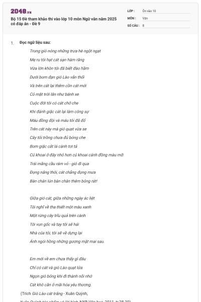 Bộ 15 Đề tham khảo thi vào lớp 10 môn Ngữ văn năm 2025 có đáp án - Đề 9