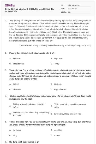 Đề thi Đánh giá năng lực ĐHQG Hà Nội form 2025 có đáp án (Đề số 15)