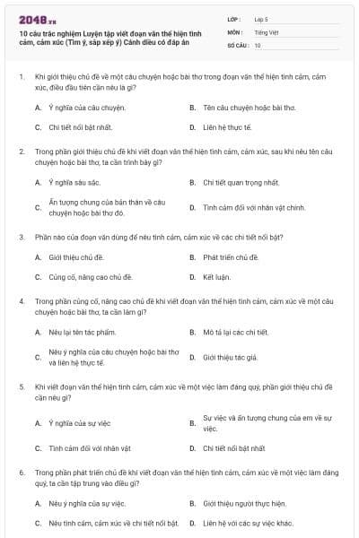 10 câu trắc nghiệm Luyện tập viết đoạn văn thể hiện tình cảm, cảm xúc (Tìm ý, sắp xếp ý) Cánh diều có đáp án