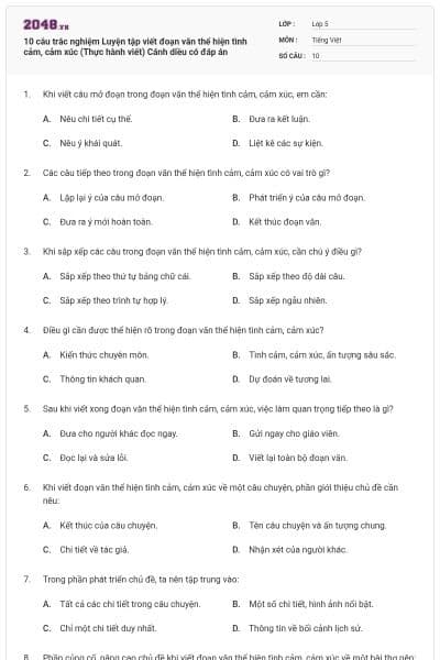 10 câu trắc nghiệm Luyện tập viết đoạn văn thể hiện tình cảm, cảm xúc (Thực hành viết) Cánh diều có đáp án