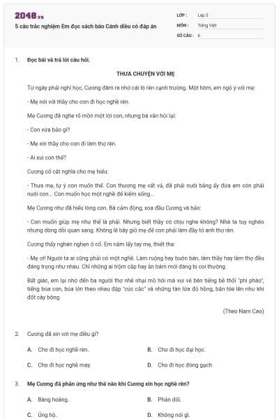 5 câu trắc nghiệm Em đọc sách báo Cánh diều có đáp án