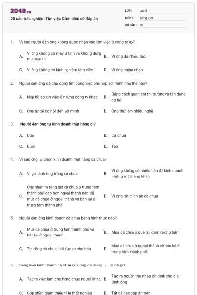 20 câu trắc nghiệm Tìm việc Cánh diều có đáp án