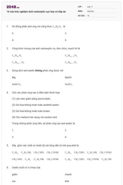 16 câu trắc nghiệm Axit cacboxylic cực hay có đáp án