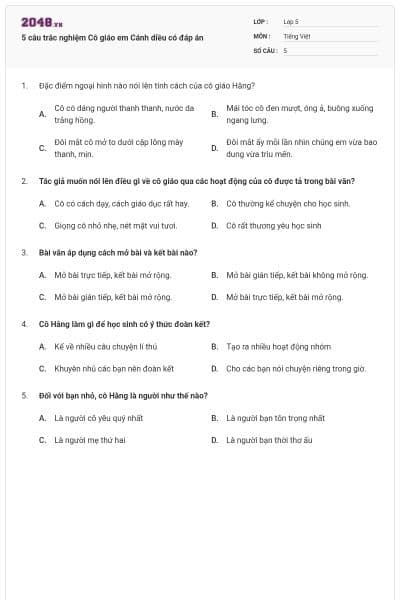 5 câu trắc nghiệm Cô giáo em Cánh diều có đáp án