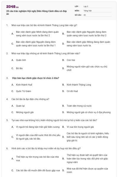 20 câu trắc nghiệm Hội nghị Diên Hồng Cánh diều có đáp án