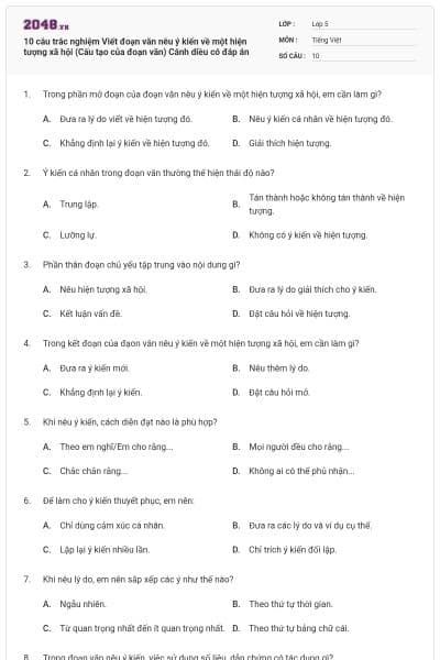 10 câu trắc nghiệm Viết đoạn văn nêu ý kiến về một hiện tượng xã hội (Cấu tạo của đoạn văn) Cánh diều có đáp án