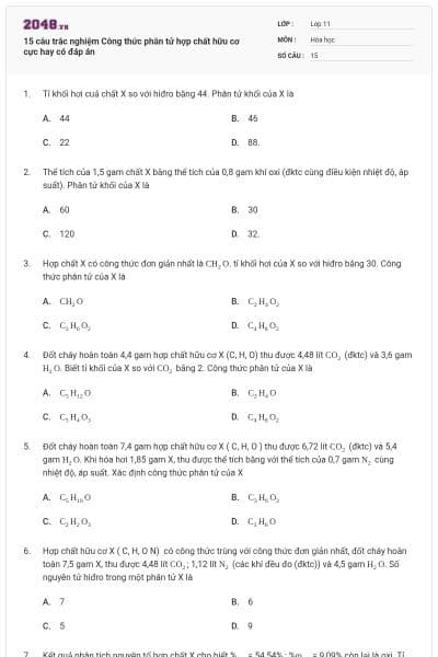 15 câu trắc nghiệm Công thức phân tử hợp chất hữu cơ cực hay có đáp án