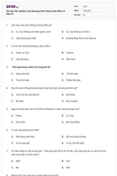 20 câu trắc nghiệm Cây phượng xóm Đông Cánh diều có đáp án