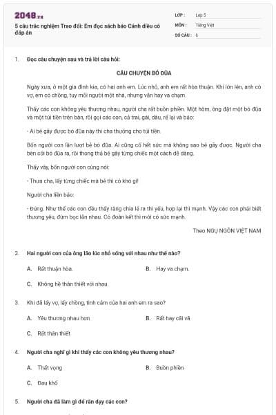 5 câu trắc nghiệm Trao đổi: Em đọc sách báo Cánh diều có đáp án