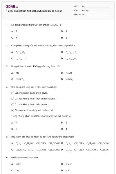 16 câu trắc nghiệm Axit cacboxylic cực hay có đáp án