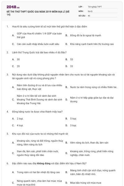 ĐỀ THI THỬ THPT QUỐC GIA NĂM 2019 MÔN ĐỊA LÍ (ĐỀ 14)