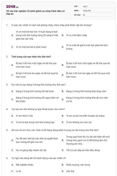 20 câu trắc nghiệm 32 phút giành sự sống Cánh diều có đáp án