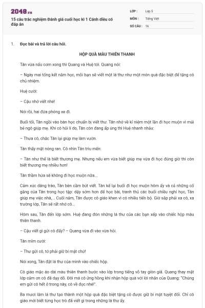 15 câu trắc nghiệm Đánh giá cuối học kì 1 Cánh diều có đáp án