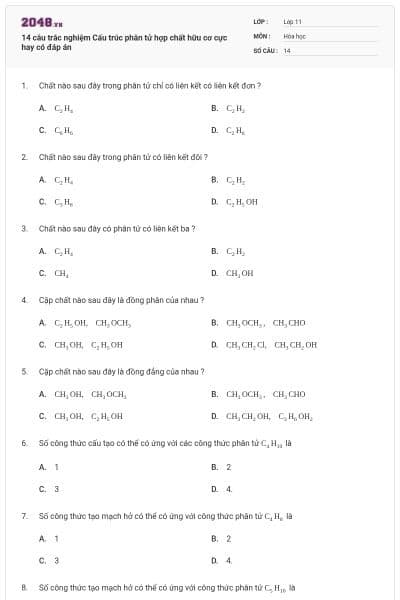 14 câu trắc nghiệm Cấu trúc phân tử hợp chất hữu cơ cực hay có đáp án
