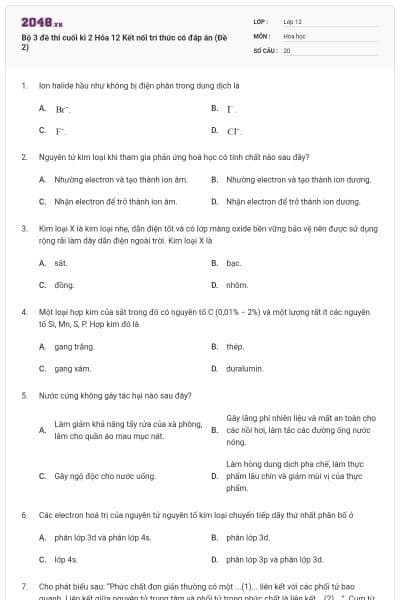 Bộ 3 đề thi cuối kì 2 Hóa 12 Kết nối tri thức có đáp án (Đề 2)