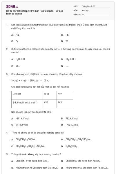 Đề thi thử tốt nghiệp THPT môn Hóa tập huấn - Sở Bắc Ninh có đáp án