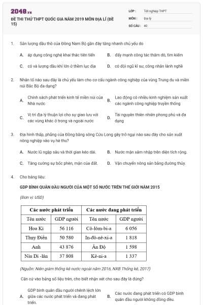 ĐỀ THI THỬ THPT QUỐC GIA NĂM 2019 MÔN ĐỊA LÍ (ĐỀ 15)