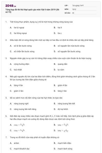 Tổng hợp đề thi thử thpt quốc gia môn Vật lí năm 2019 (đề số 15)