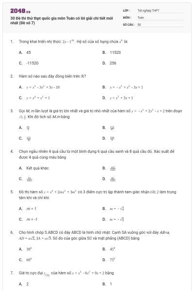 30 Đề thi thử thpt quốc gia môn Toán có lời giải chi tiết mới nhất (Đề số 7)