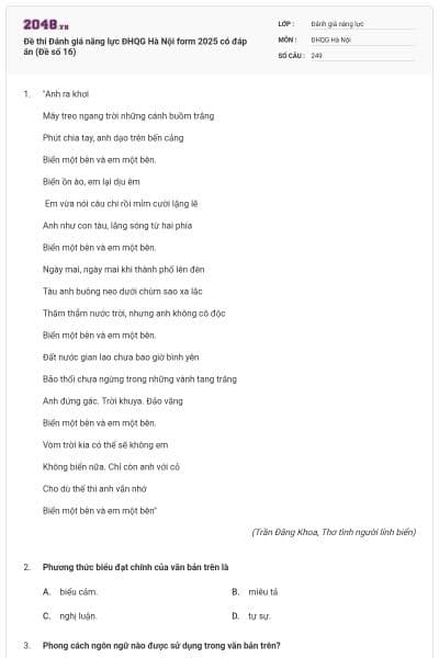 Đề thi Đánh giá năng lực ĐHQG Hà Nội form 2025 có đáp án (Đề số 16)