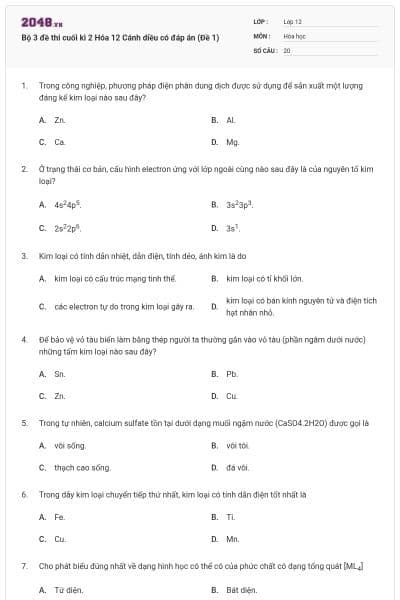 Bộ 3 đề thi cuối kì 2 Hóa 12 Cánh diều có đáp án (Đề 1)