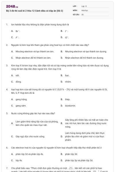 Bộ 3 đề thi cuối kì 2 Hóa 12 Cánh diều có đáp án (Đề 3)