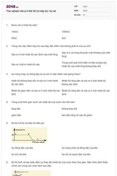 Trắc nghiệm Vật Lý 6 Bài 28 (có đáp án): Sự sôi