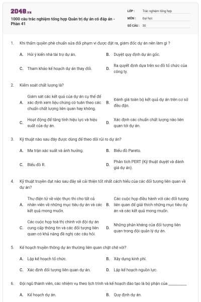 1000 câu trắc nghiệm tổng hợp Quản trị dự án có đáp án - Phần 41
