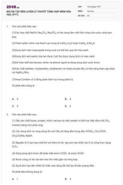 BÀI ÔN TẬP RÈN LUYỆN LÝ THUYẾT TỔNG HỢP MÔN HÓA HỌC (P17)