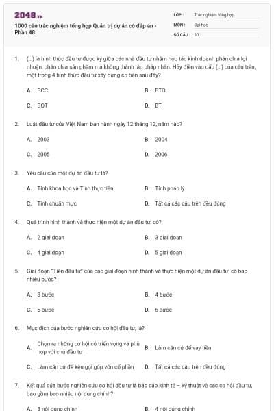 1000 câu trắc nghiệm tổng hợp Quản trị dự án có đáp án - Phần 48