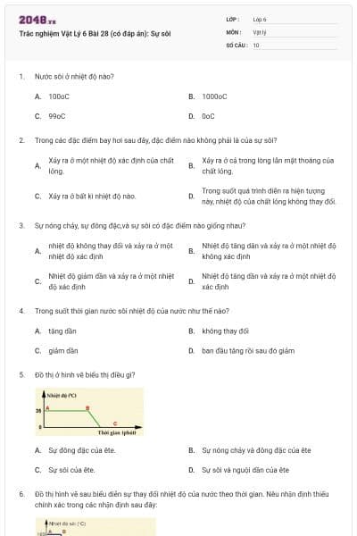 Trắc nghiệm Vật Lý 6 Bài 28 (có đáp án): Sự sôi