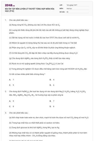 BÀI ÔN TẬP RÈN LUYỆN LÝ THUYẾT TỔNG HỢP MÔN HÓA HỌC (P18)