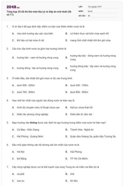 Tổng hợp 20 đề thi thử môn Địa Lý có đáp án mới nhất (đề số 11)