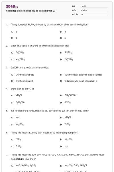 98 Bài tập Sự điện li cực hay có đáp án (Phần 2)