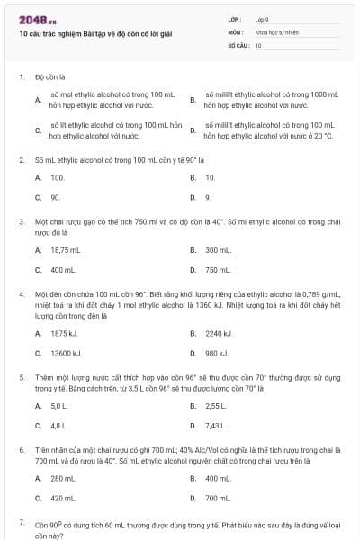 10 câu trắc nghiệm Bài tập về độ cồn có lời giải
