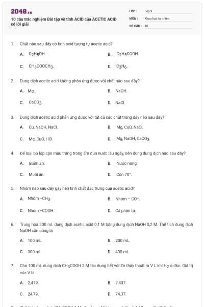 10 câu trắc nghiệm Bài tập về tính ACID của ACETIC ACID có lời giải