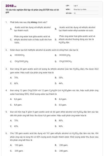 10 câu trắc nghiệm Bài tập về phản ứng ESTER hóa có lời giải