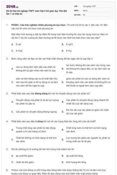 Đề thi thử tốt nghiệp THPT môn Vật lí  Sở giáo dục Yên Bái lần 1 có đáp án